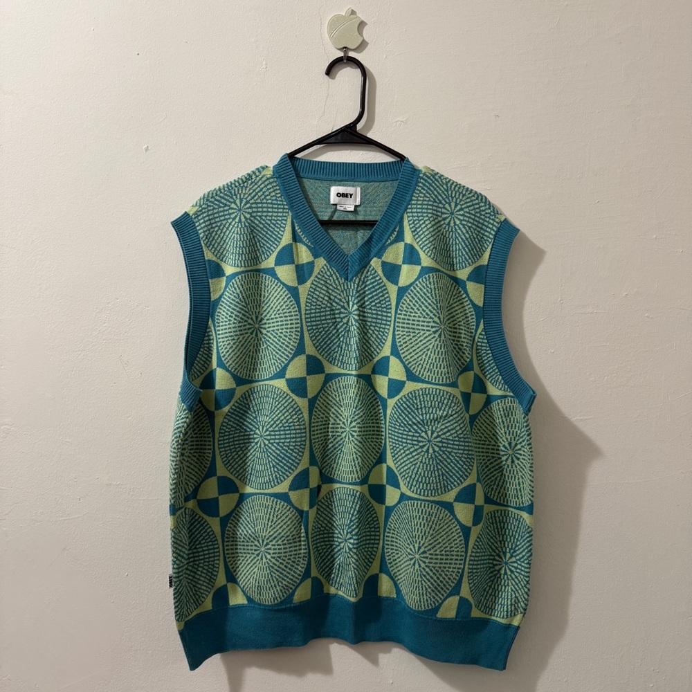 Obey V-Neck Sweater Vest in Teal and Green